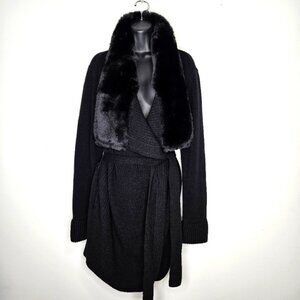 Atsuro Tayama Knit Wrap Long Cardigan  Sz 4 Black Faux Fur Collar Wool Japan